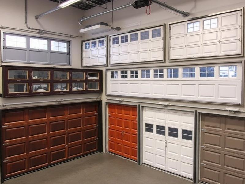 Various garage door styles and materials displayed for comparison
