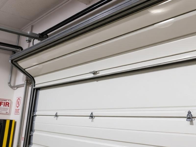 Fire-rated garage door with safety compliance sticker and features