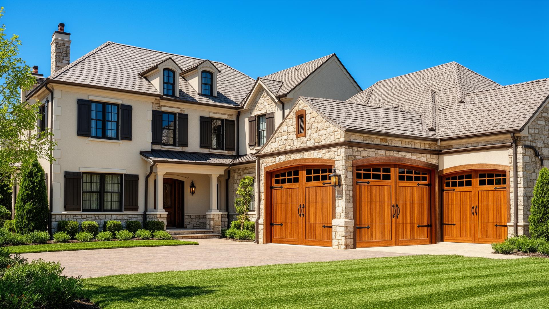 Beautiful craftsman style garage doors on French country estate home in Wrentham, MA